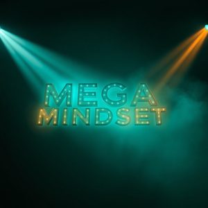 A Volumetric Lighting Rendering Of The Mega Mindset Logo In Rich Deep Teal, Showcasing Luxurious And Vibrant Light Beams Through Dust Or Fog